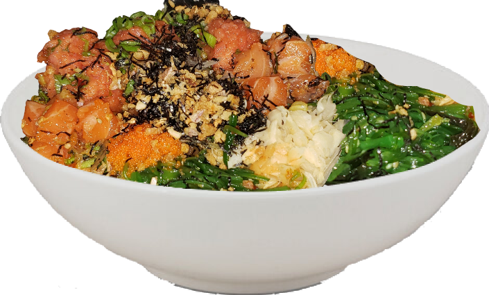 Poke Bowl with salmon, spicy tuna, avocado, seaweed salad, fried garlic, ginger, roe, shoyu